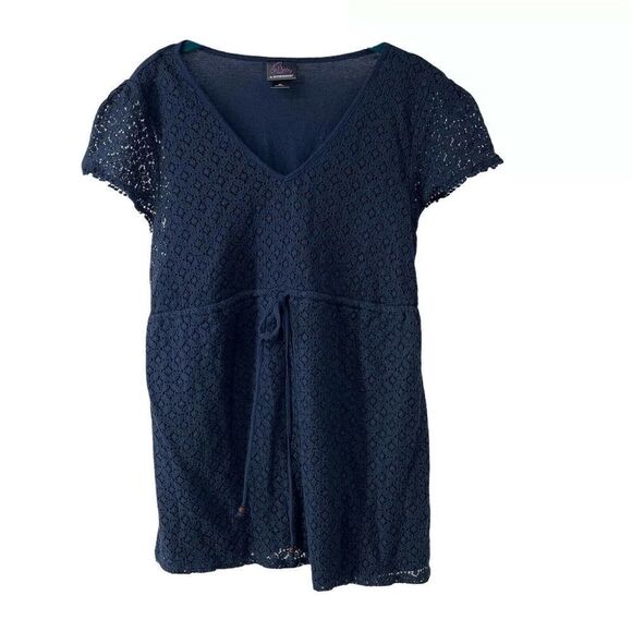 Navy Blue Lace Front Short Sleeve Maternity Top M - Picture 1 of 7